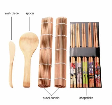 White sushi tool set with bamboo rolling mat and rice paddle for home sushi making