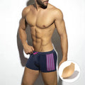 Men's polka dot print quick-dry swimming boxers in black, dark blue, or yellow with ribbon cup detail