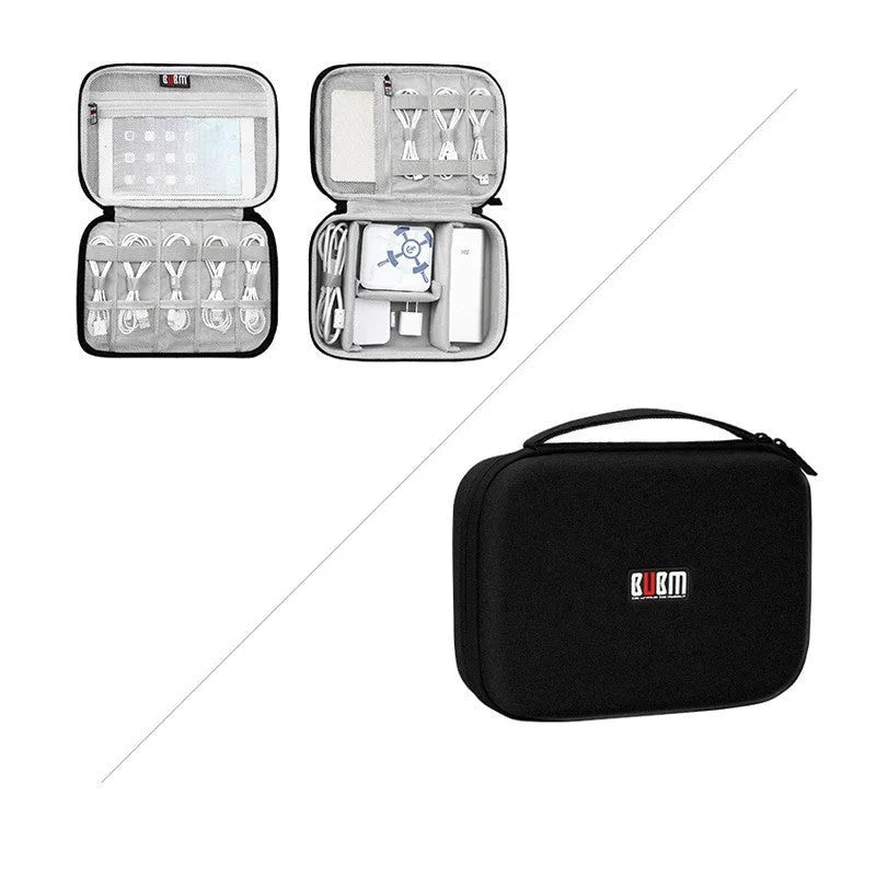 Black EVA digital storage bag for organising headphones and cables on a desk