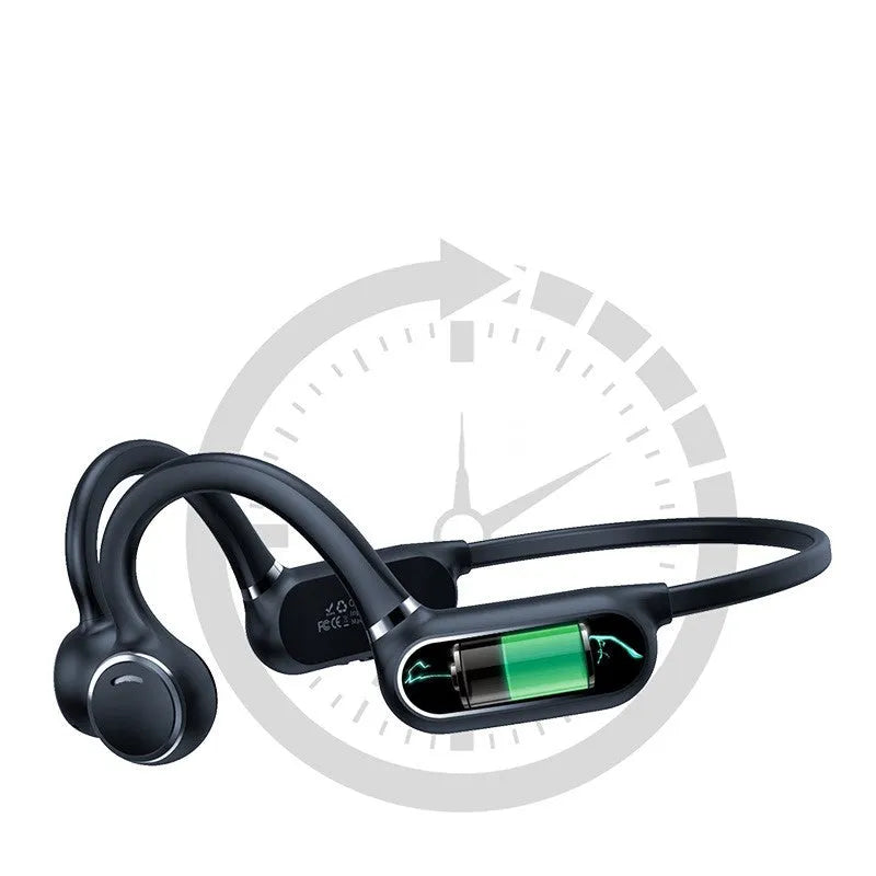 Black air conduction Bluetooth wireless earphone with titanium wire frame shown hanging over a pair of glasses.