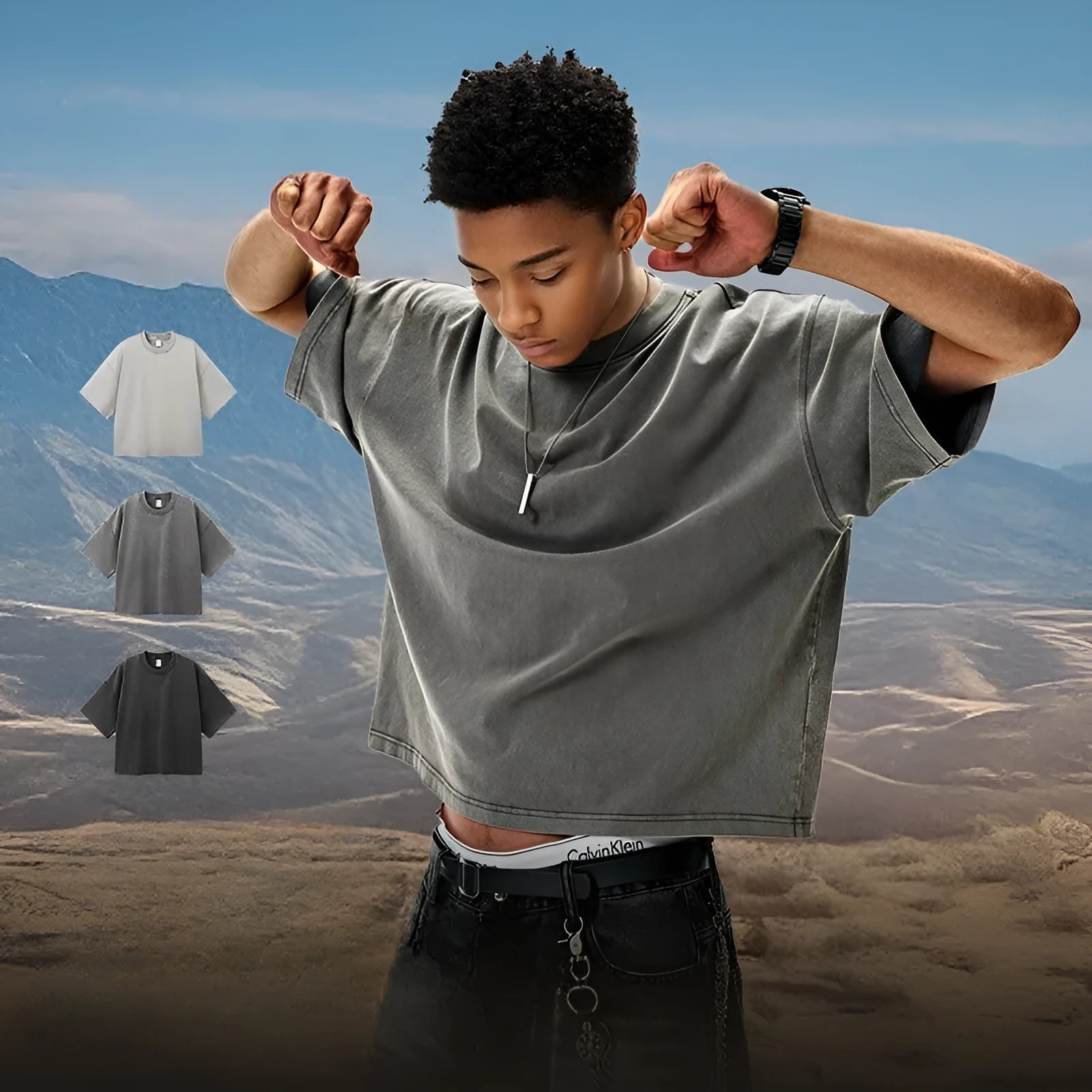 Men's vintage washed cotton t-shirt in loose fit with drop-shoulder sleeves