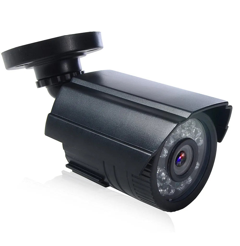 Black HD waterproof security camera with infrared LEDs for night vision.