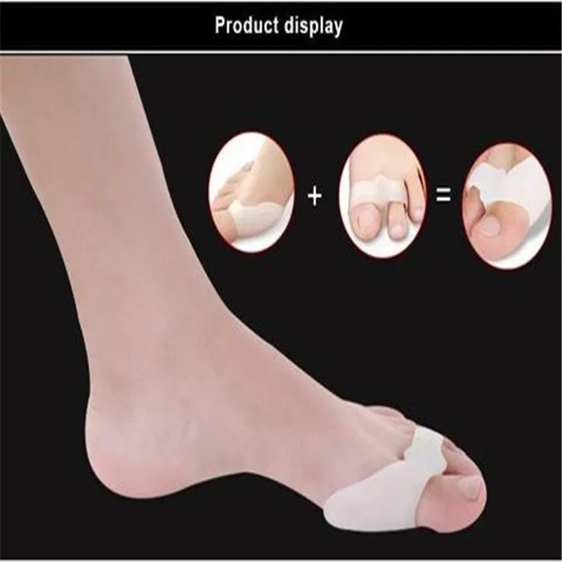 Silicone bunion corrector with double-hole SEBS toe separator for hallux valgus, in skin colour or white.