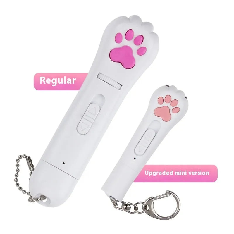 Handheld infrared cat laser toy projecting purple light patterns with colour options of blue, pink, purple, or white
