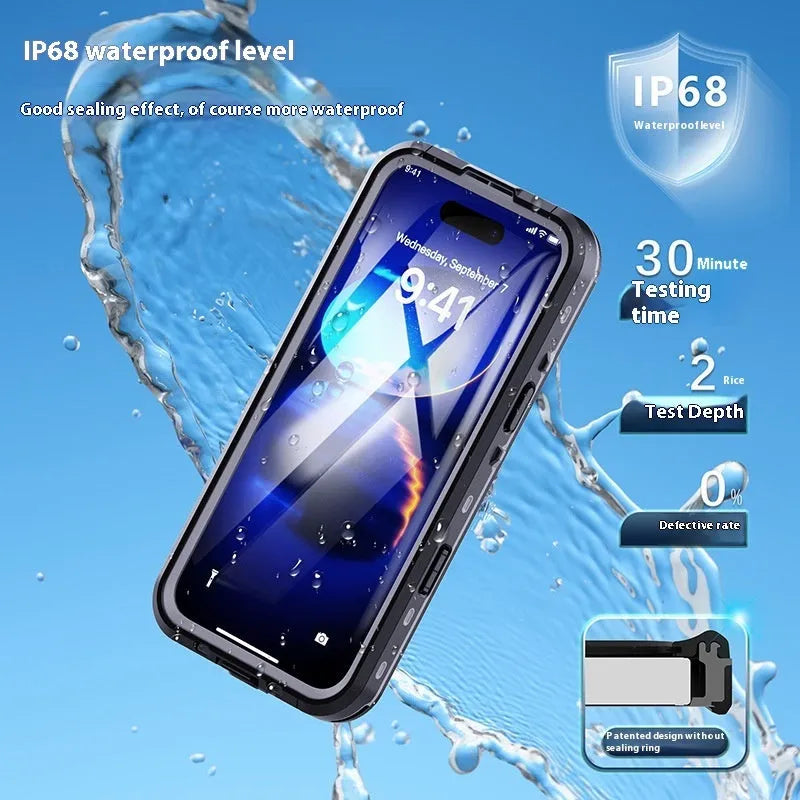 Black dark gray waterproof phone case for iPhone 16 series with anti-fall shell and secure seal