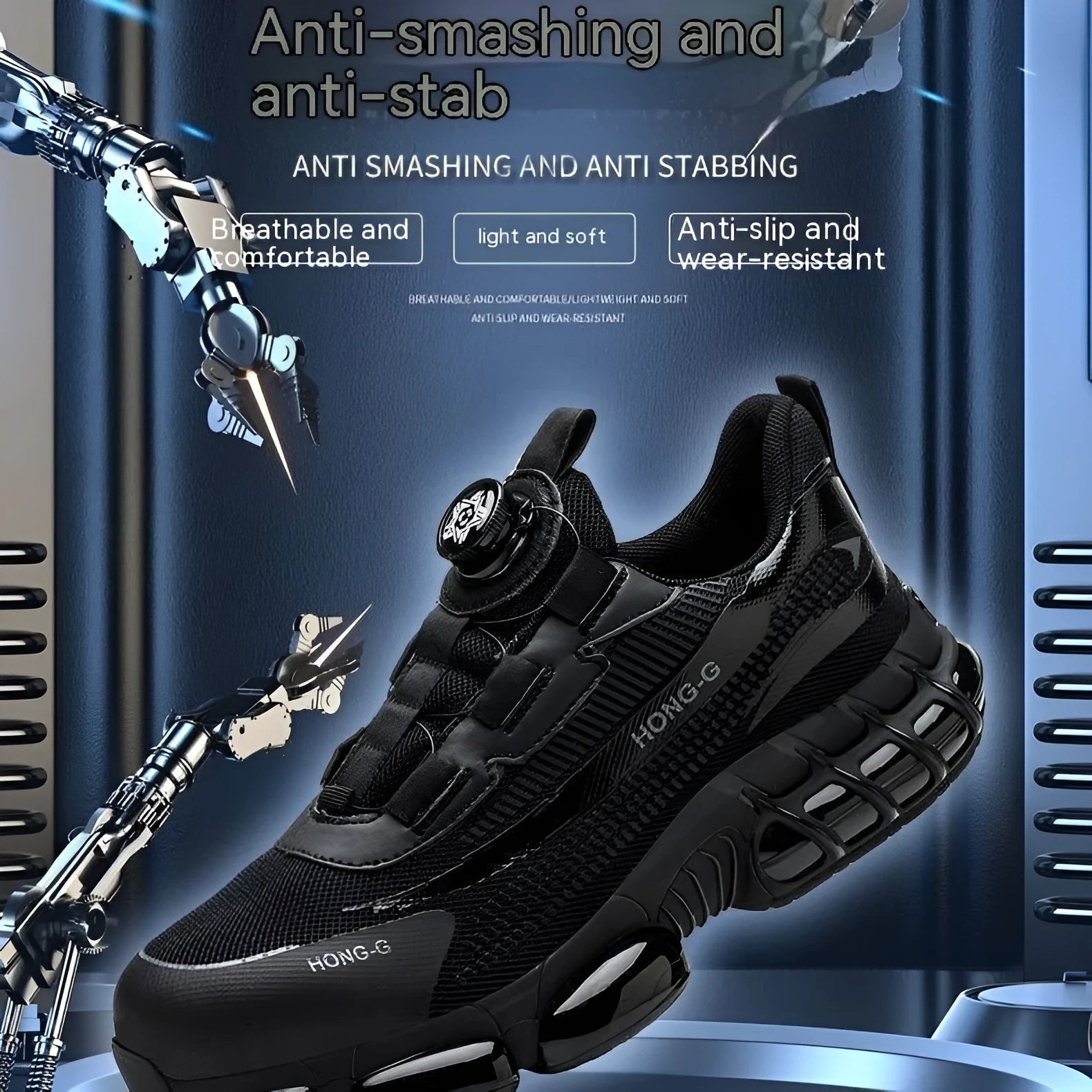 Lightweight black safety work shoes with steel toe cap and lace-up front on industrial background.