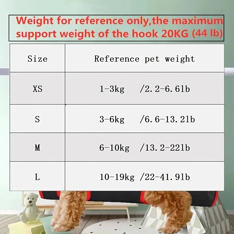 Pet grooming hammock restraint bag hanging from a hook, shown in multiple sizes for cats and dogs.
