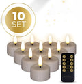 Taupe-coloured S10 model 3D flame LED tealight candle showing its flickering light effect.