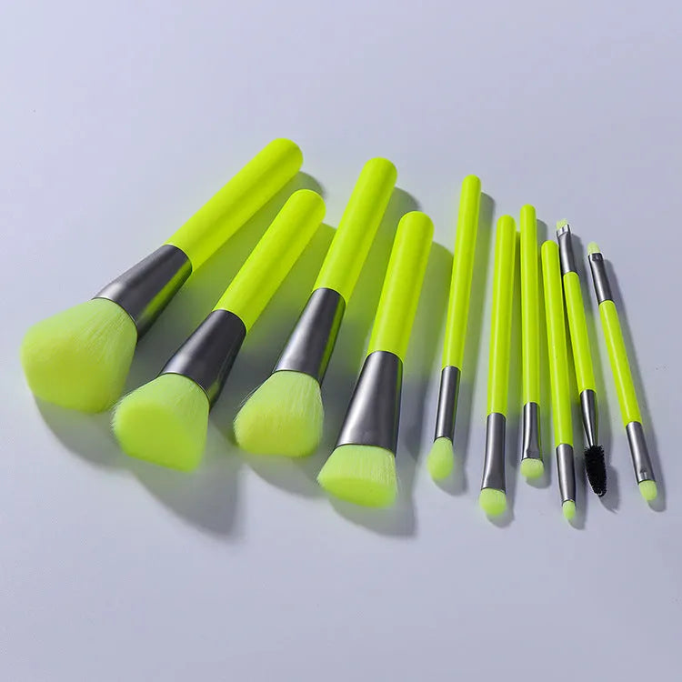 10 piece professional fluorescent green makeup brush set with synthetic fibre bristles and wooden handles