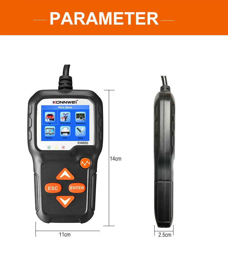 KONNWEI KW650 battery tester with LED indicators and display, testing a 12V car battery