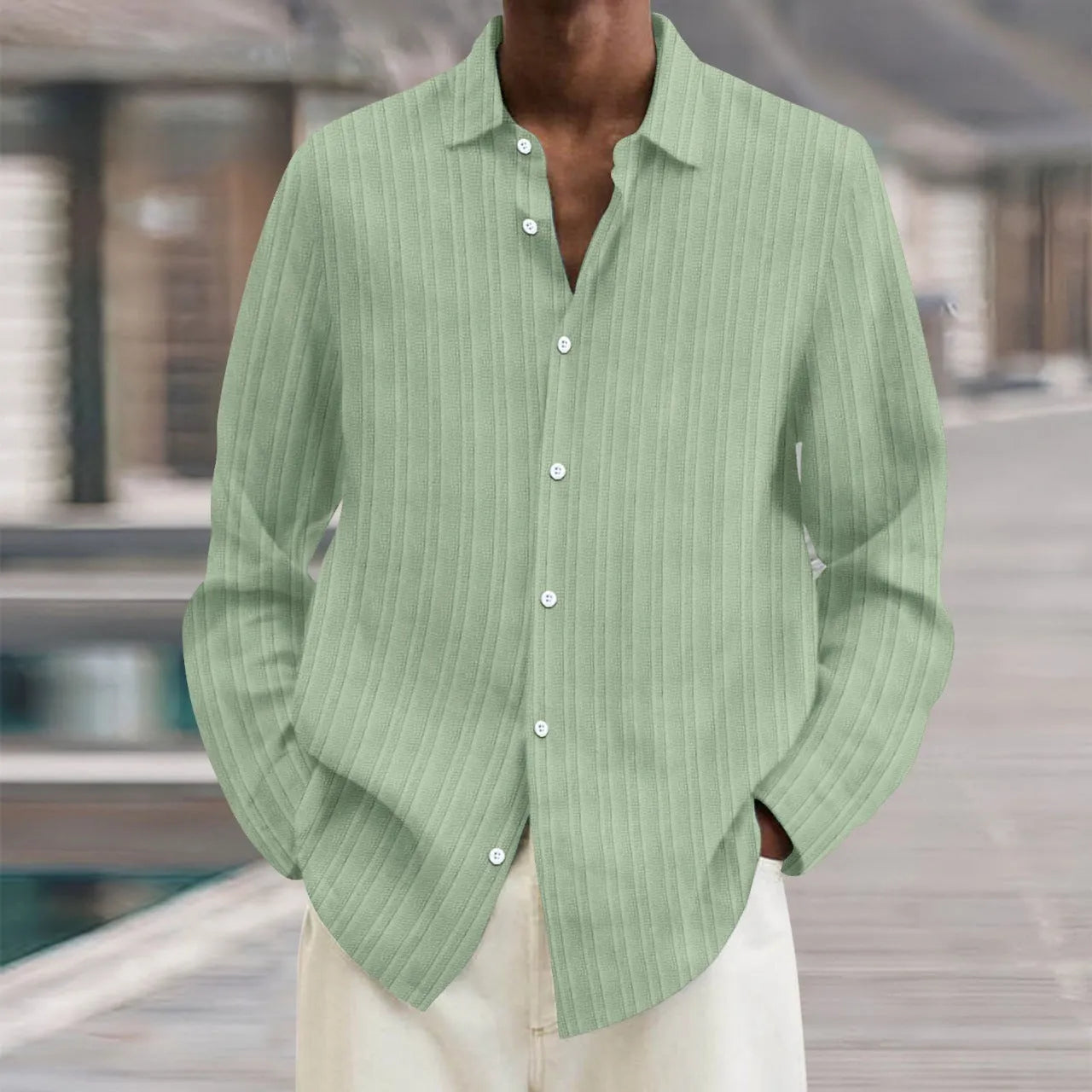 British style striped men's cardigan long sleeve shirt in flat mop cloth fabric