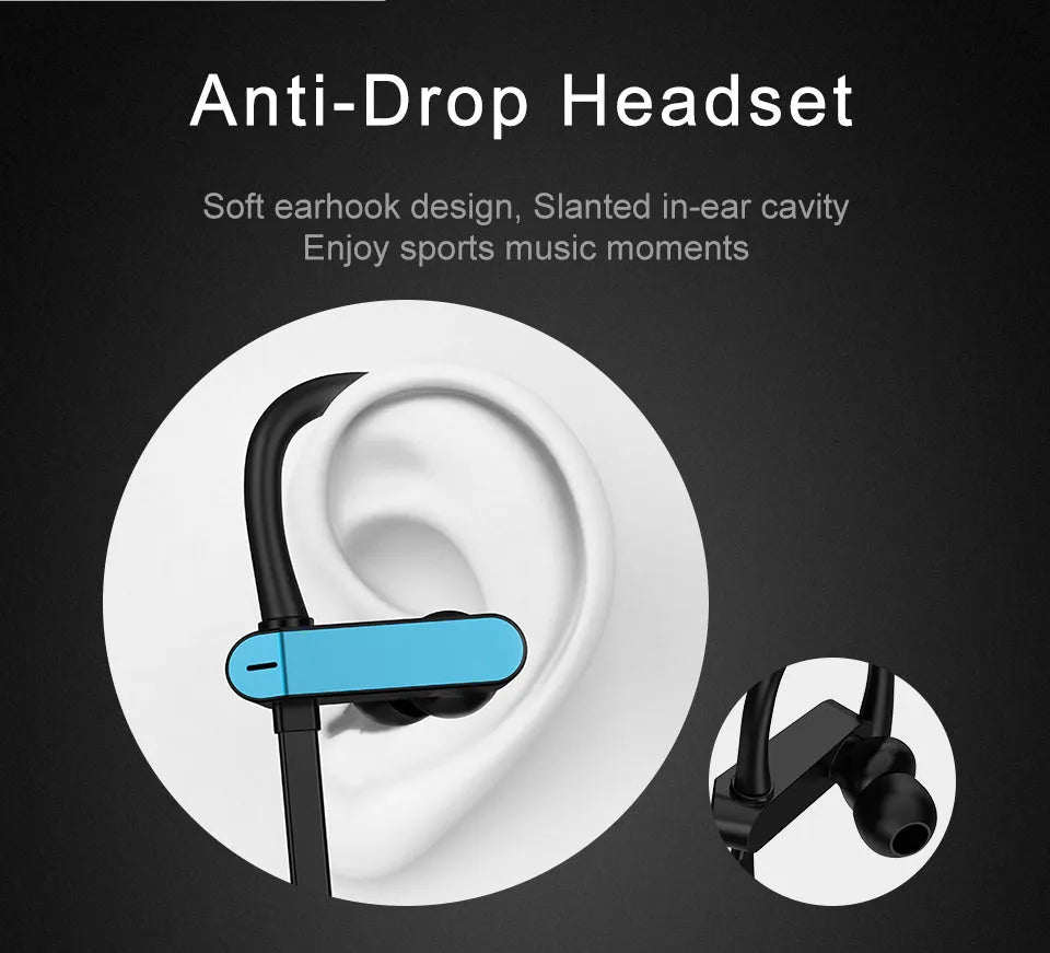 Sports earphones with flexible ear hook and silicone earbuds in black and blue colour, shown next to a mobile phone.
