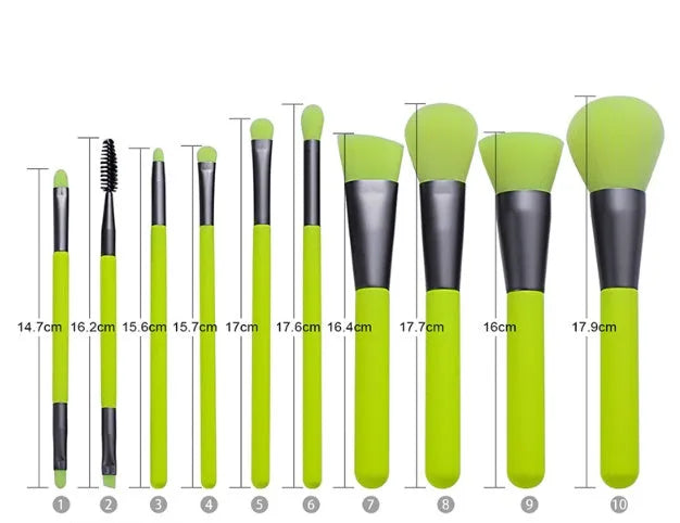 10 piece professional fluorescent green makeup brush set with synthetic fibre bristles and wooden handles