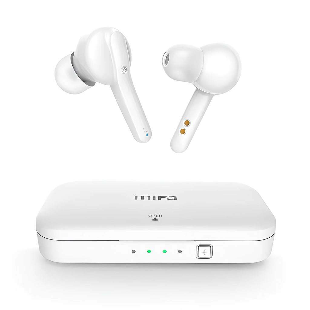Black and white true wireless stereo earbuds with a charging case on a table