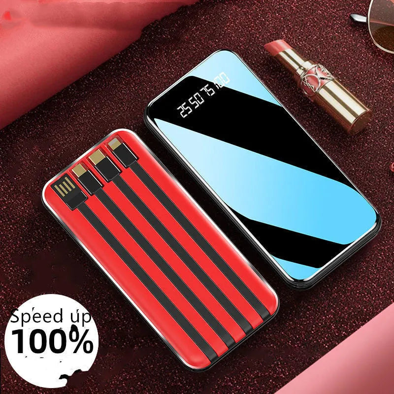 Portable power bank with digital display showing battery percentage, surrounded by USB, Micro USB, Type-C, and Lightning cables.
