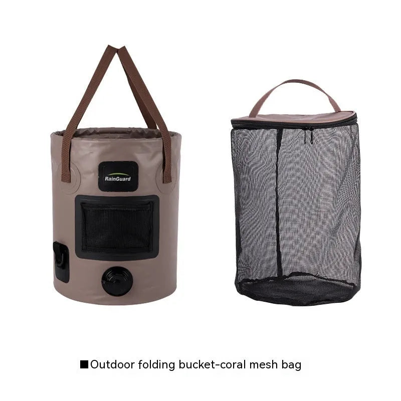 Folding fishing bucket in lemon yellow colour showing collapsed and expanded positions with mesh pocket
