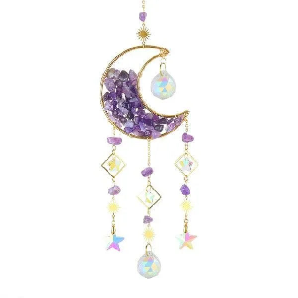 K9 crystal moon charm pendant on a metal chain for car rear-view mirror decoration.