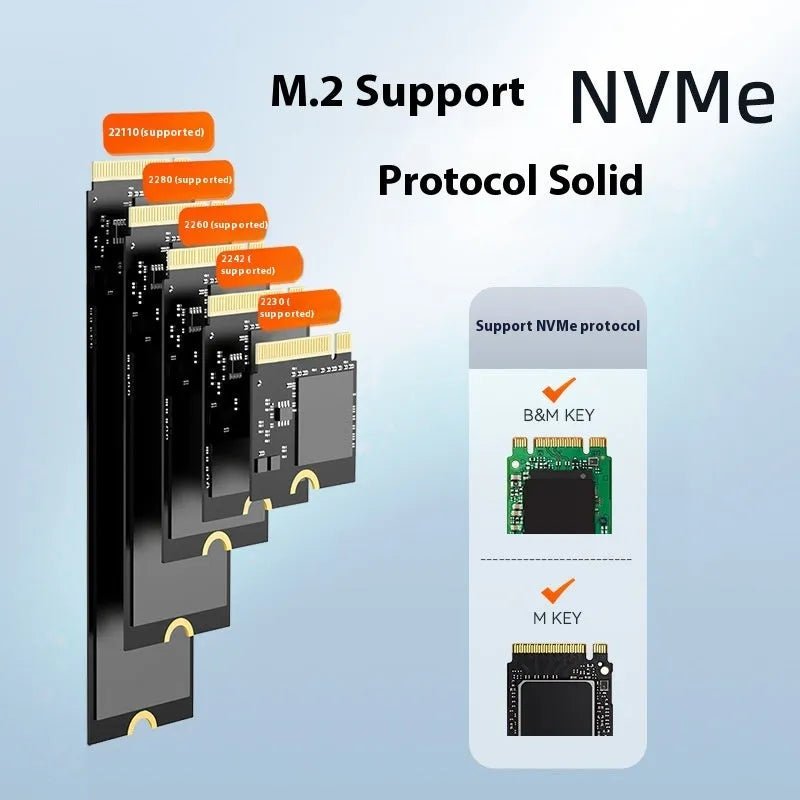Black external hard drive enclosure for NVMe solid state drives with USB Type-C port
