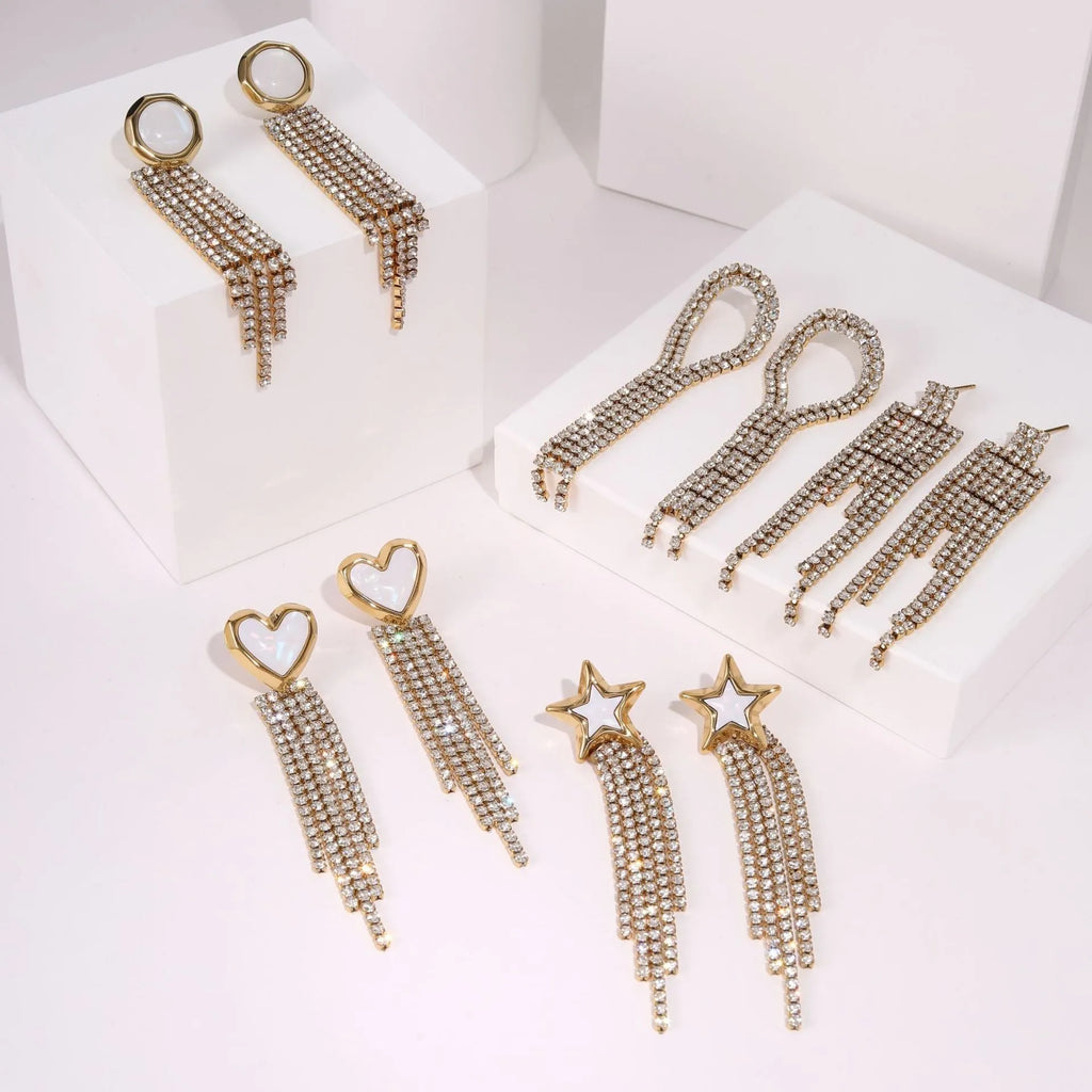 Stainless steel earrings with 18K gold electroplating in heart and star shapes featuring diamond tassel design