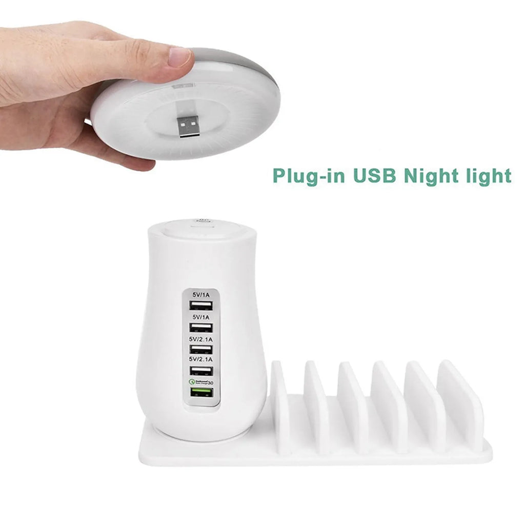 White mushroom-shaped USB charging station with LED light and five charging ports