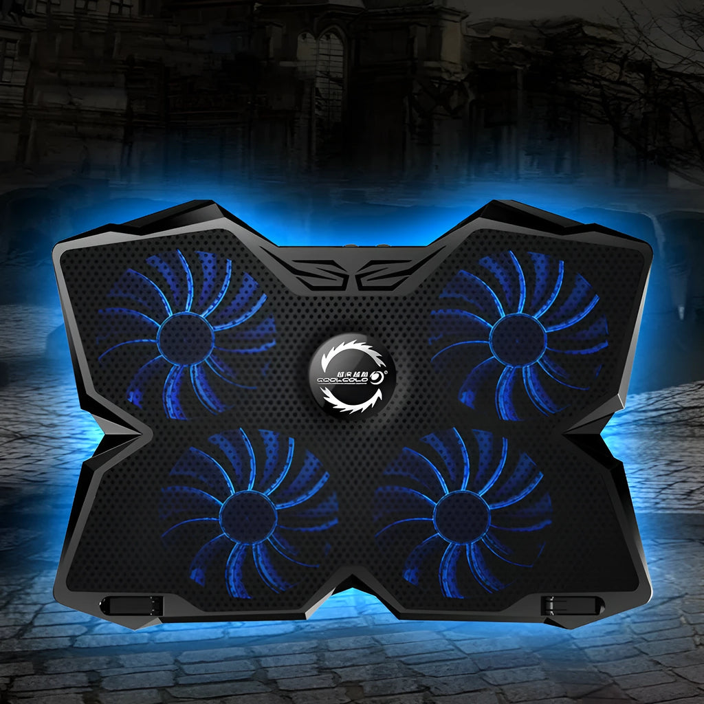 Blue laptop cooling base with four LED fans and USB ports for computer heat dissipation