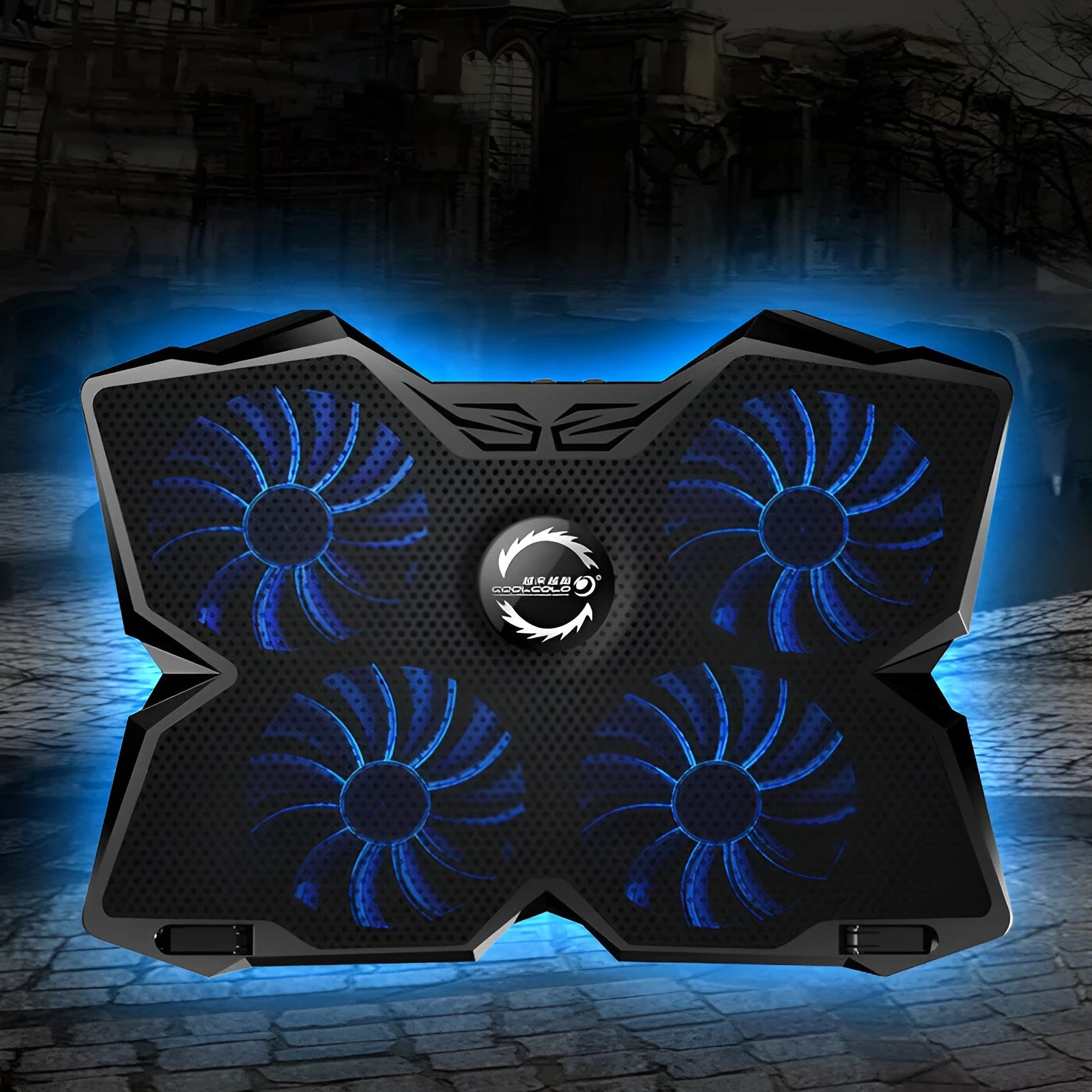 Blue laptop cooling base with four LED fans and USB ports for computer heat dissipation