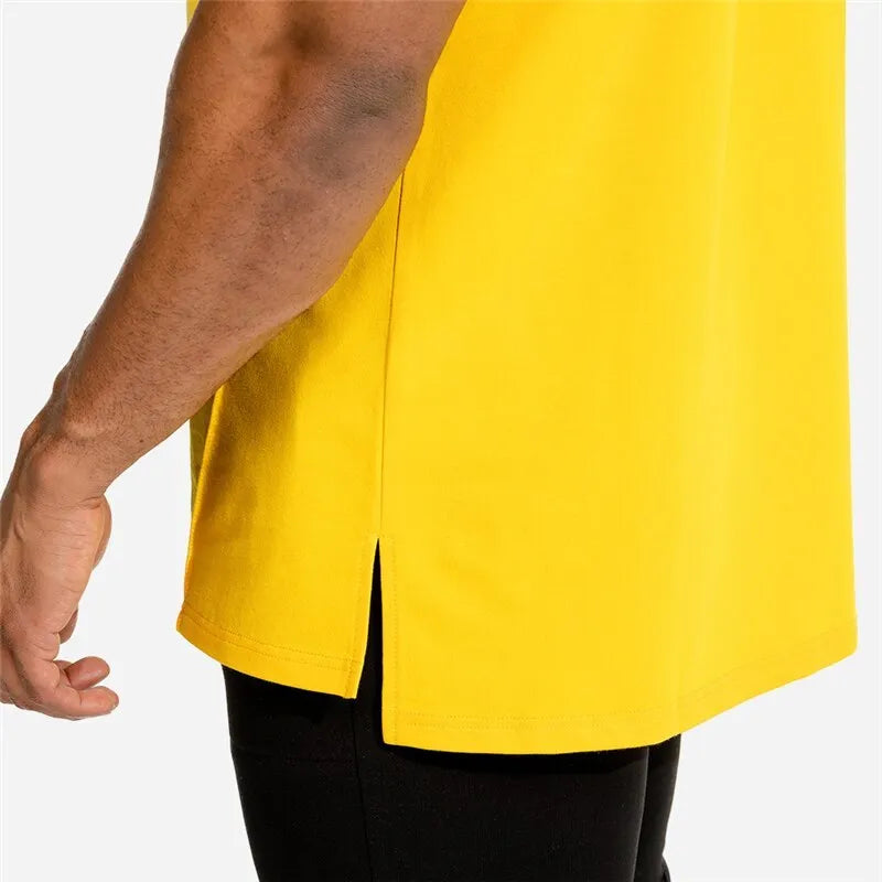 Men's cotton running training top in black, white, or yellow, 95% cotton, sizes M to XXXL