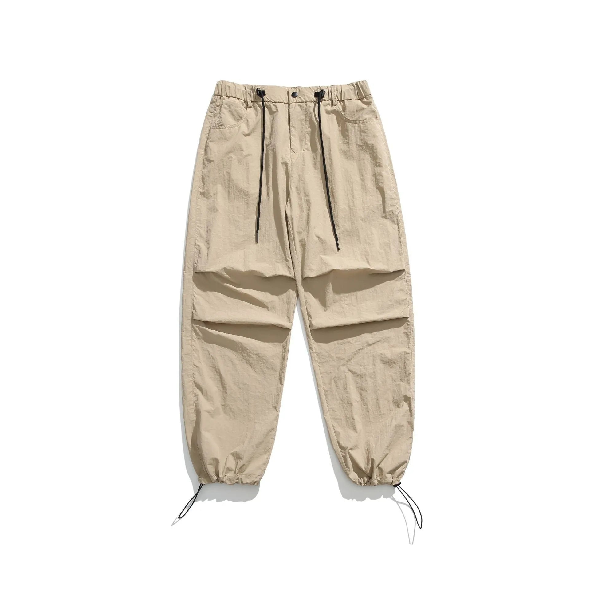 Men's loose straight-leg casual trousers in thin ice silk nylon fabric, shown in apricot colour.