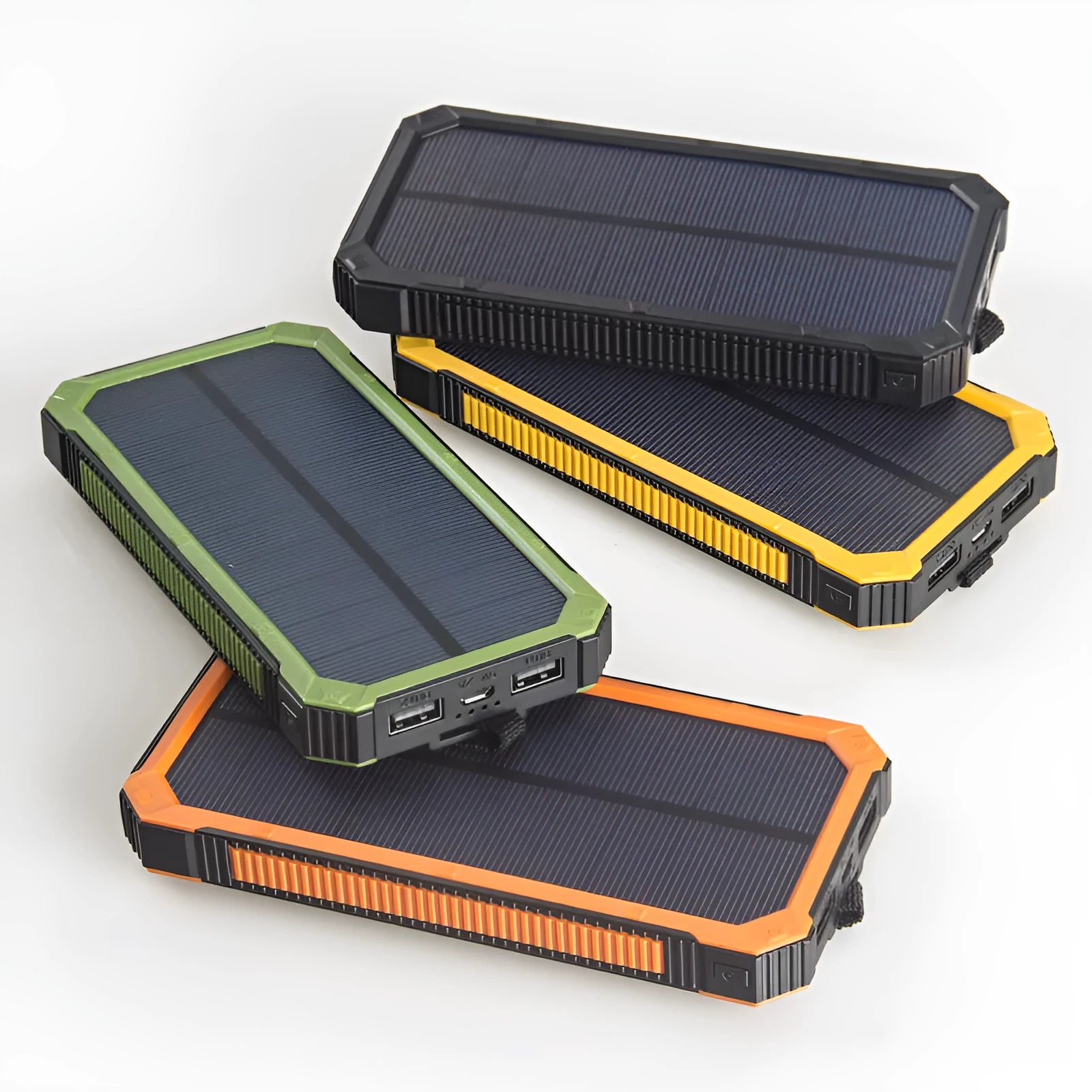 A solar power bank in black, green, orange or yellow, showing solar panel and compact 161x79x17mm size.