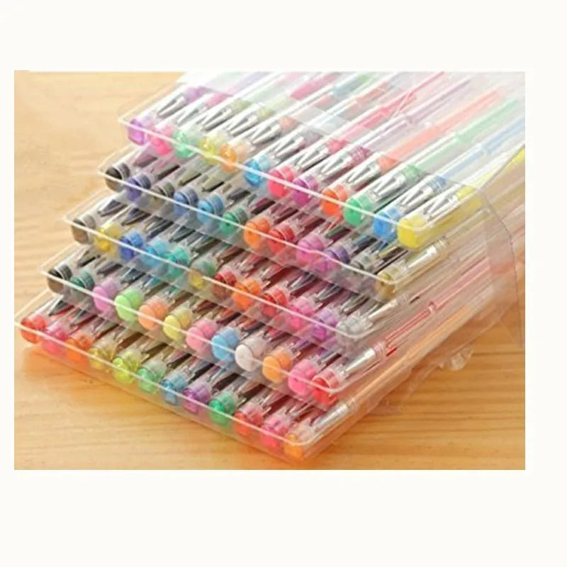 Set of 100 assorted colour gel pens with dual tip sizes, showing plastic barrels.