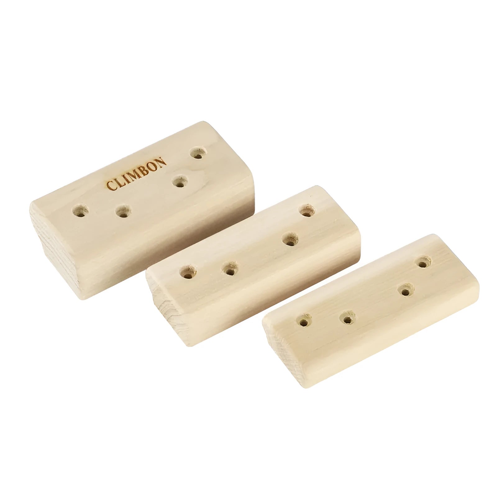 Set of three solid wooden grip training fingerboards in different sizes and thicknesses.