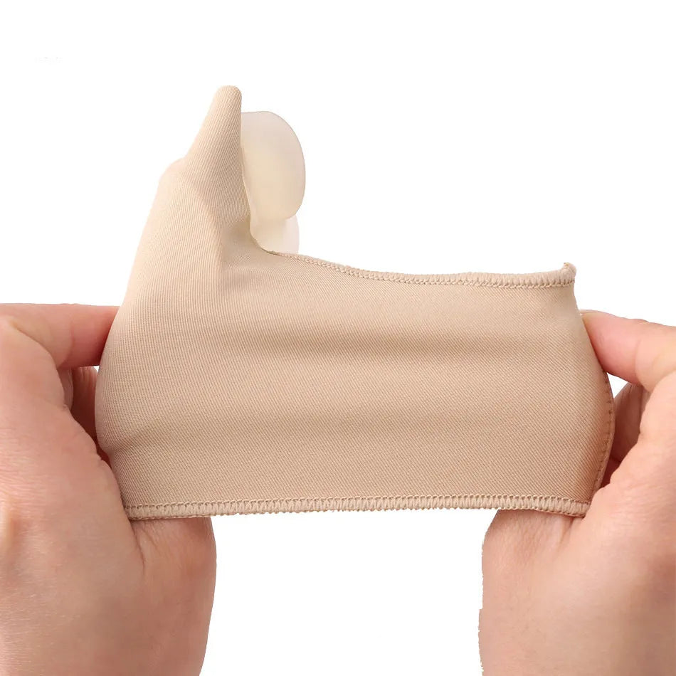 Corrective bunion relief socks with silicone gel toe separator in small, medium, and large sizes.