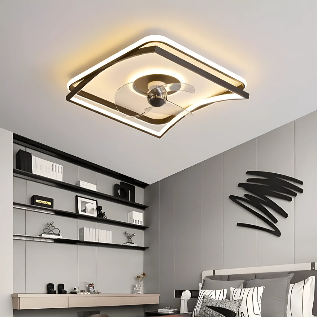 Modern black ceiling fan lamp with integrated LED light and remote control for bedroom or dining room