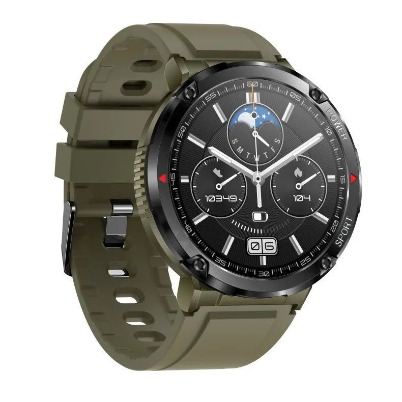 Black T30 smartwatch with a silicone strap on a wrist, displaying a health stats screen.