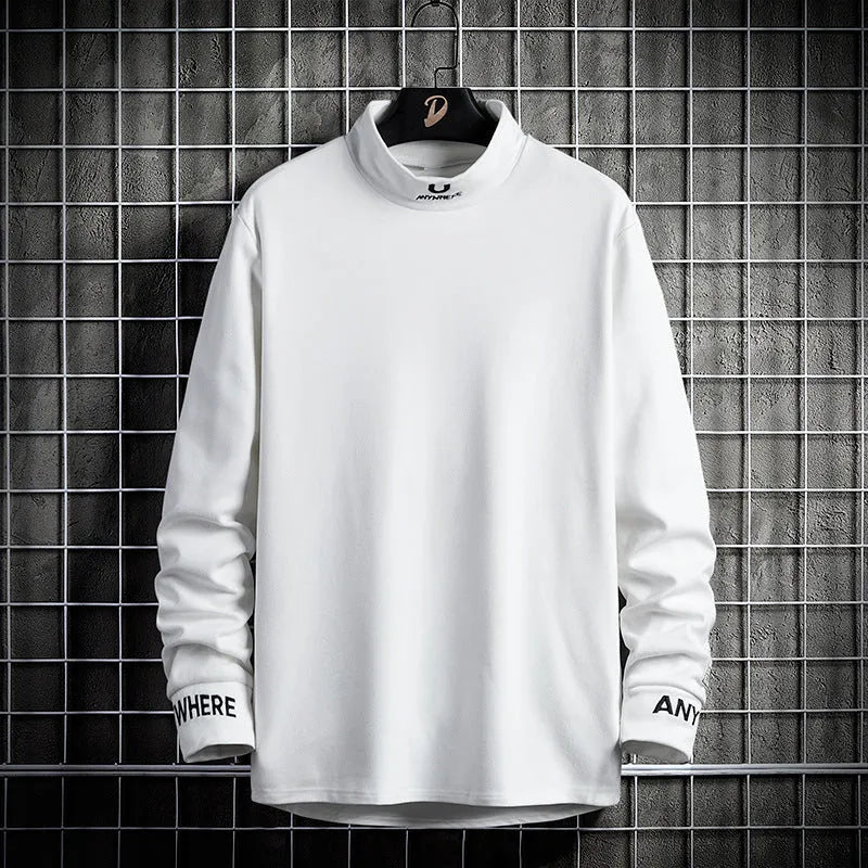Mens long sleeved high collar polyester casual shirt in grey, embroidery detail, autumn winter