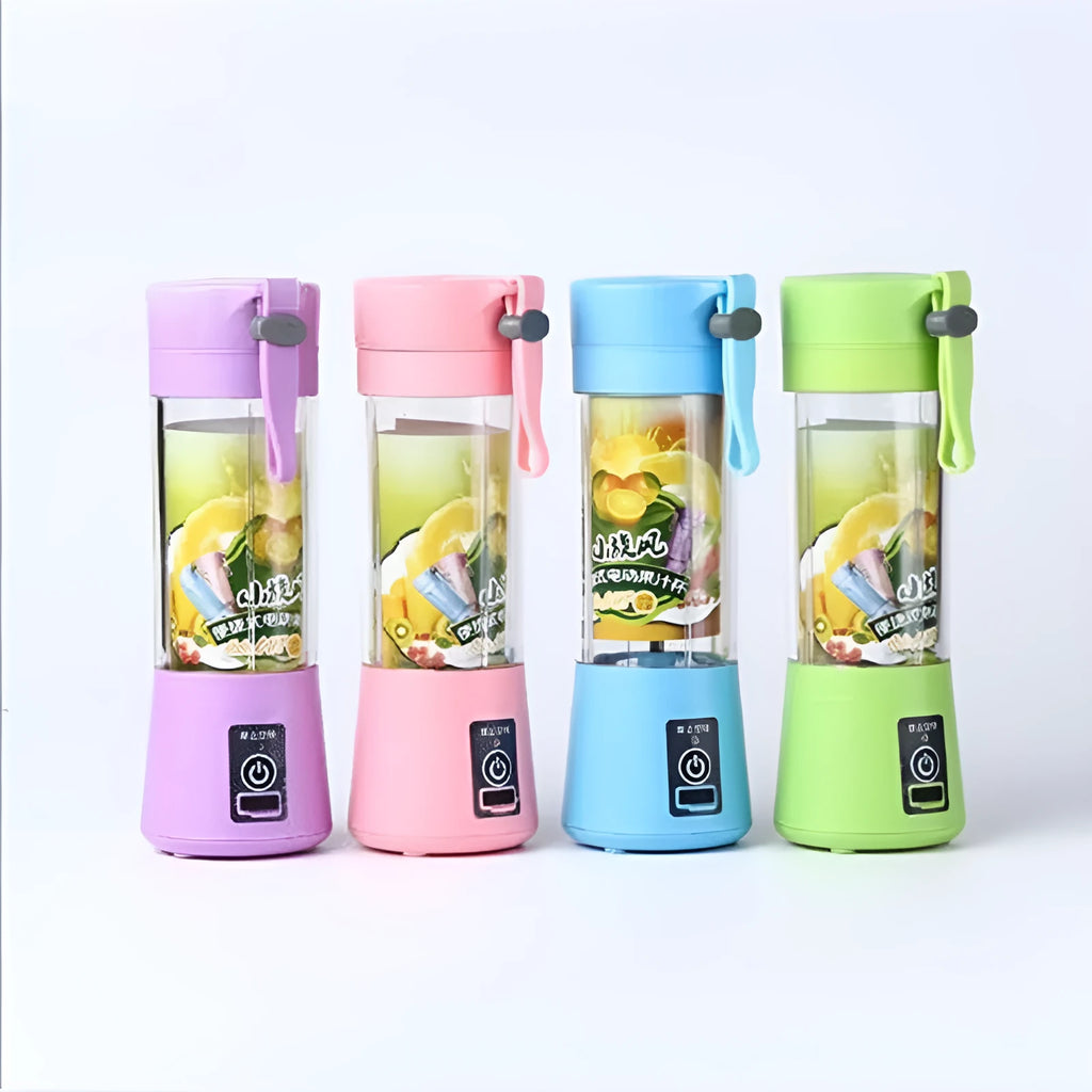 Mini USB-powered centrifugal fruit juicer in pink, with a 400ml plastic cup and stainless steel blade.