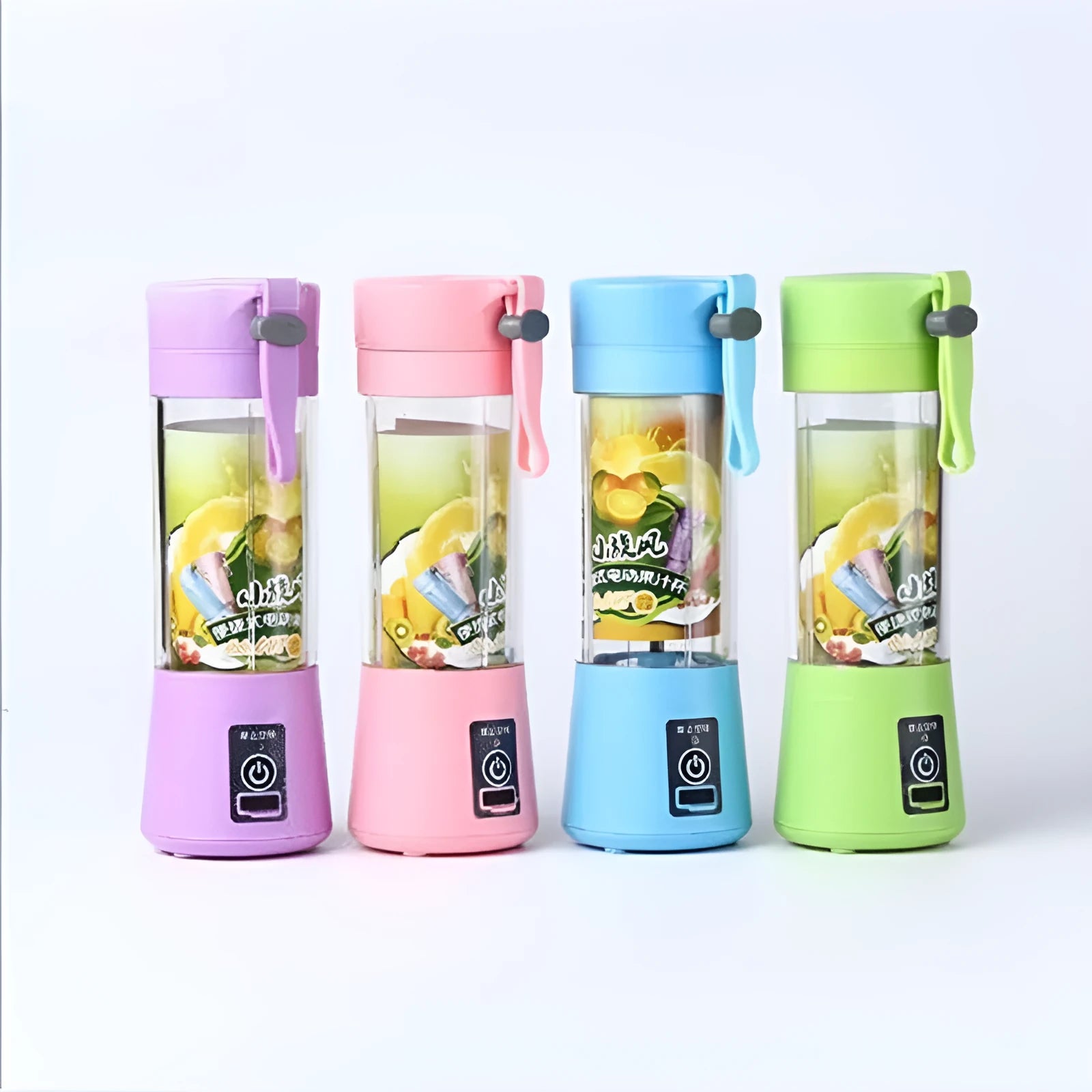 Mini USB-powered centrifugal fruit juicer in pink, with a 400ml plastic cup and stainless steel blade.