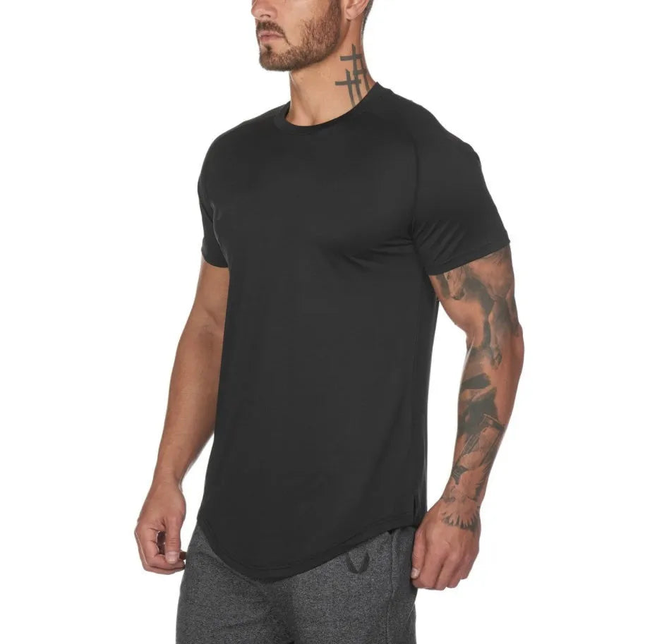 Plain men's fitness shirt in army green, made from cotton and spandex blend, shown on a hanger.