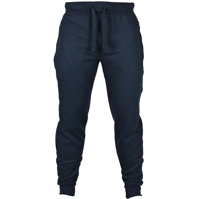 Men's solid colour fleece casual pants with drawstring waist and pencil pant silhouette
