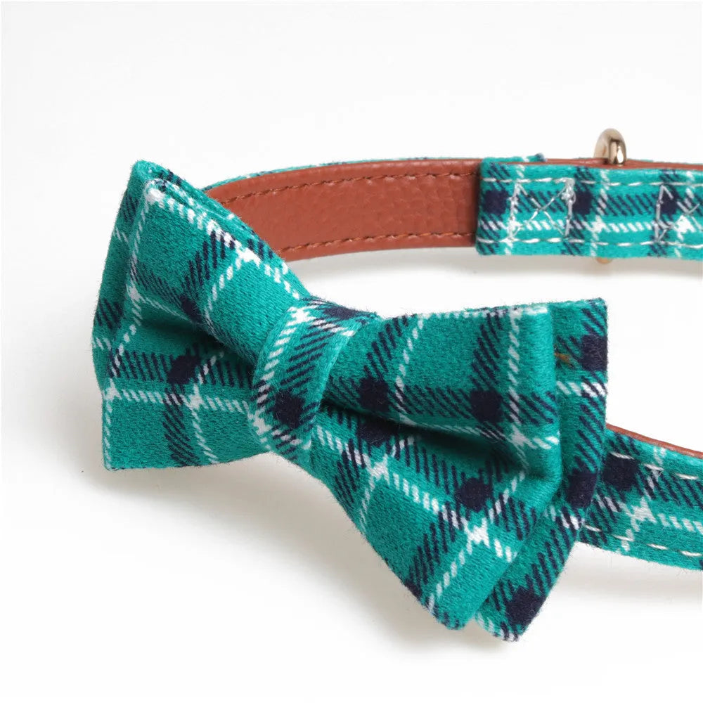 Adjustable bowknot traction dog collar in cotton and PU leather with lattice pattern, sizes S to L