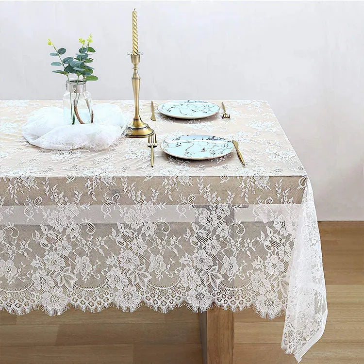 White knitted lace tablecloth 150cm x 300cm in nylon yarn for home dining tables