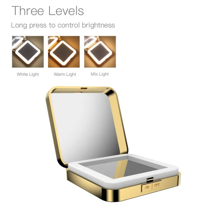 Black and white makeup mirror with magnification, HD mirror, and adjustable warm and cool LED lights.