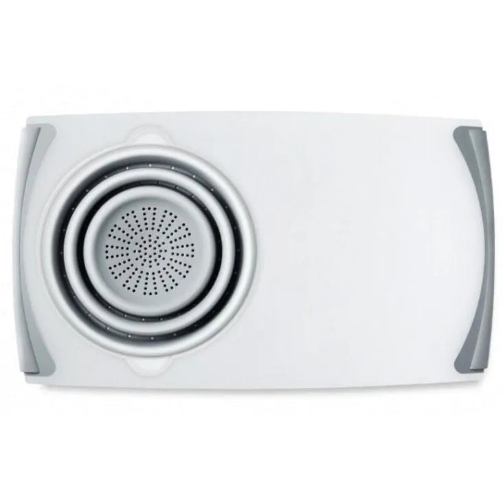Grey multi-functional chopping board with detachable drain basket showing 50cm cutting surface