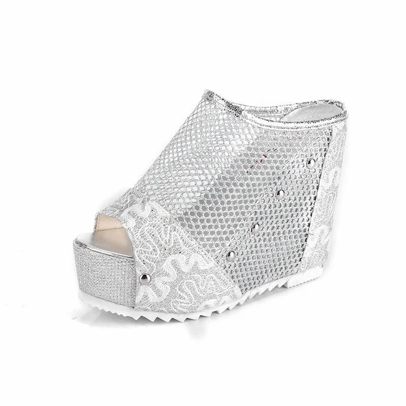Korean style platform sandals with hollowed chunky heels and lace-up mesh upper