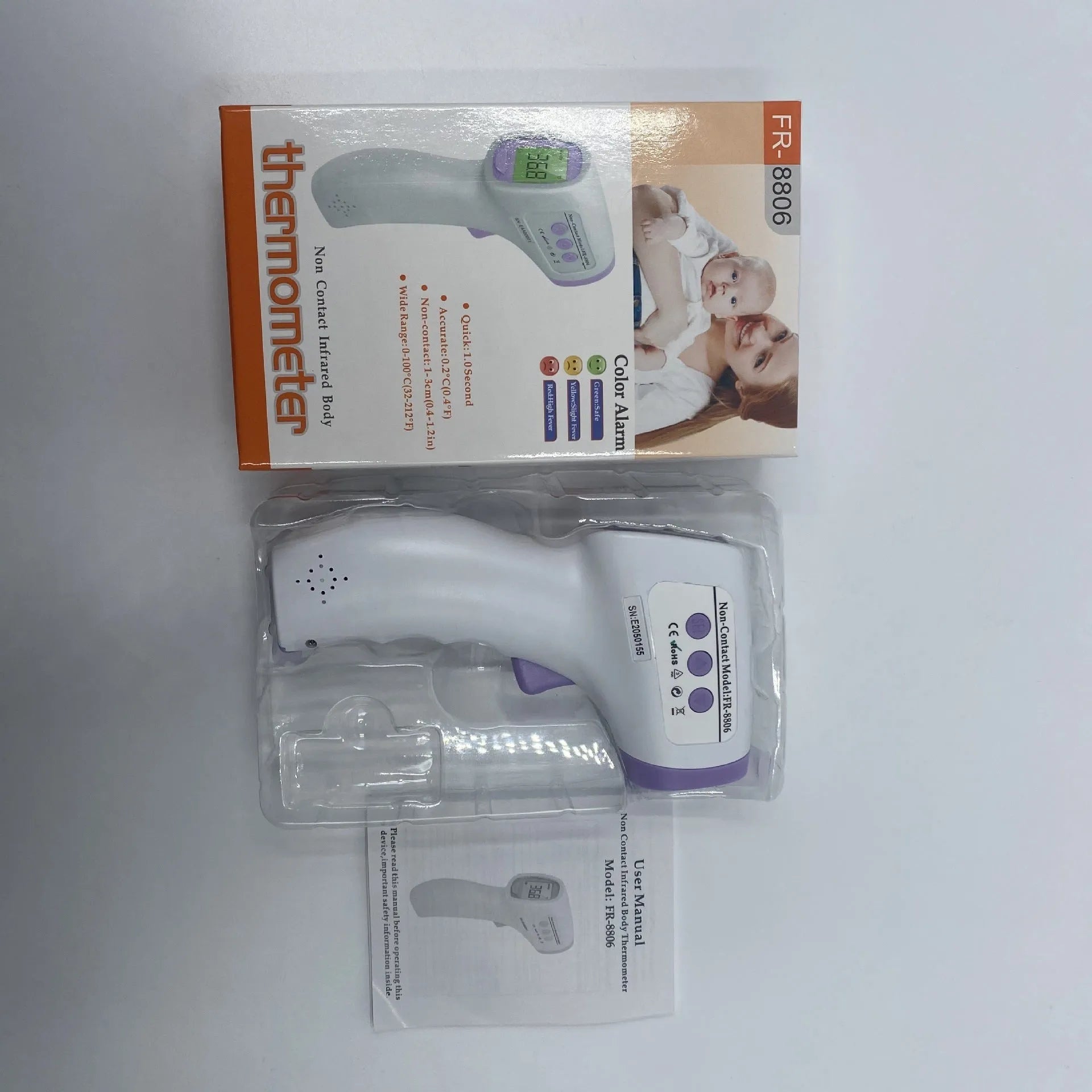 White digital non-contact thermometer with infrared sensor and display