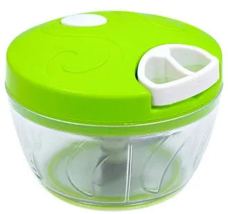 Green manual kitchen chopper grinder with three blades inside a clear bowl.