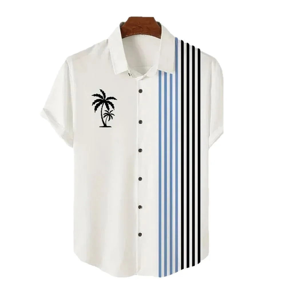 Man wearing a short-sleeved Hawaiian shirt with colourful 3D printed patterns.