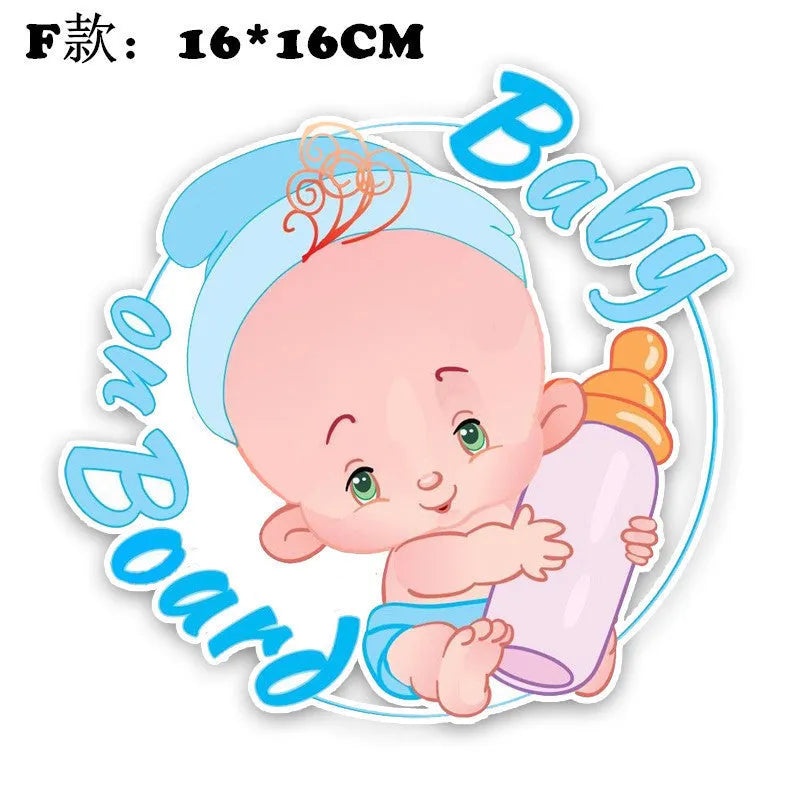 Baby on board reflective car bumper sticker on white background, showing example of baby-themed design.