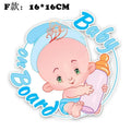 Baby on board reflective car bumper sticker on white background, showing example of baby-themed design.