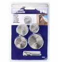 Set of six circular metal saw blades with a central mandrel hole on a white background